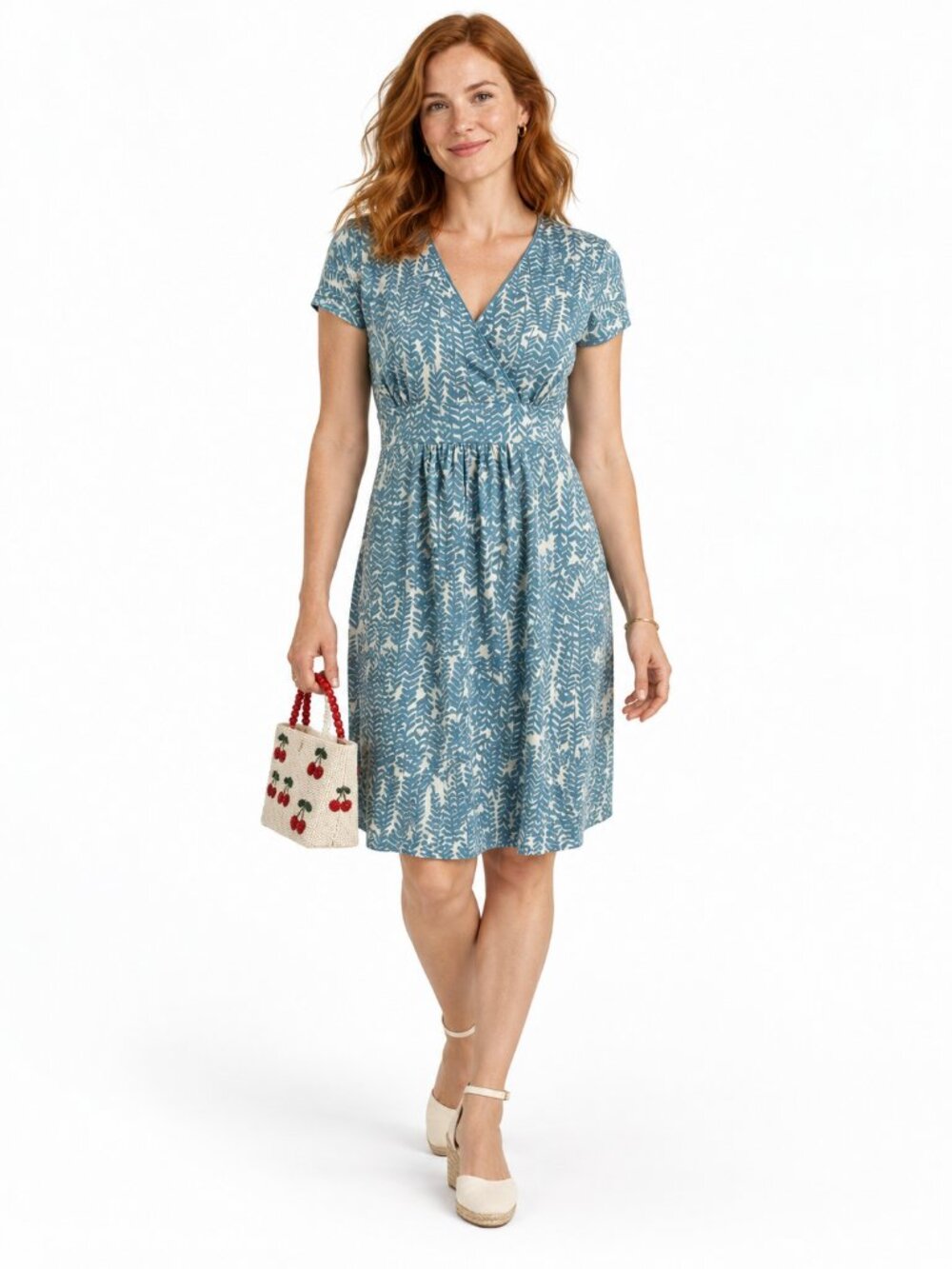 Boden Blue Leaf Print Faux Wrap Dress Size 6 Casual Spring Travel